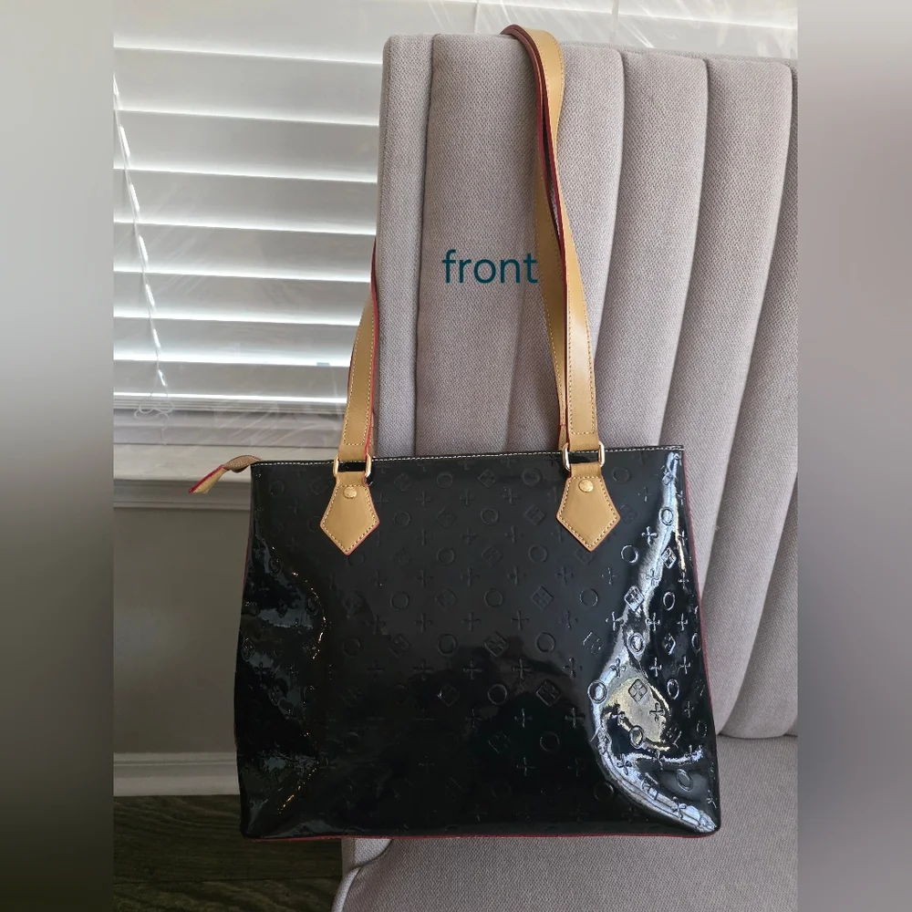 INVECE Blue Dark Patent Tote with Tan Handles - Women Bags.used,paint Defect.